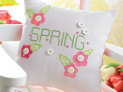 Spring Cross-stitched Cushion & Tag Spring Cross-stitched Cushion & Tag